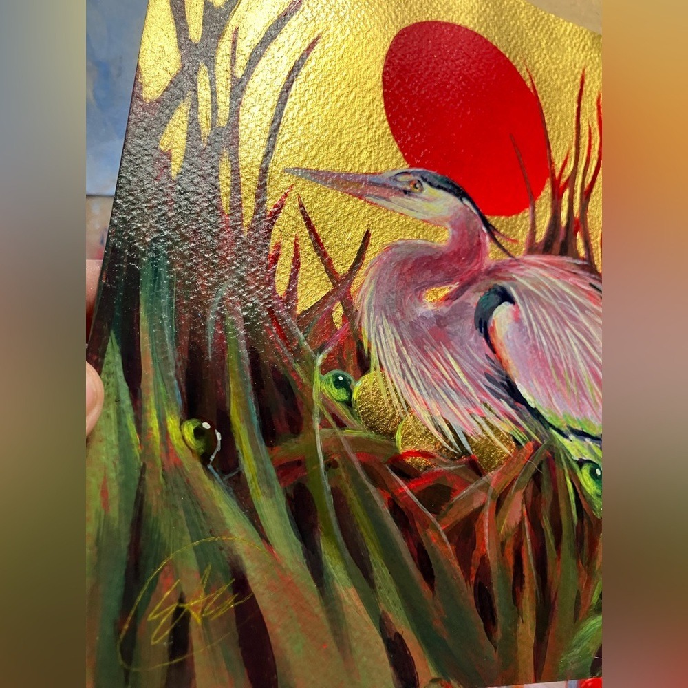 ORIGINAL blue Heron Painting Gold accents Mixed Media 2026 artettina Signed USA - Picture 4 of 8